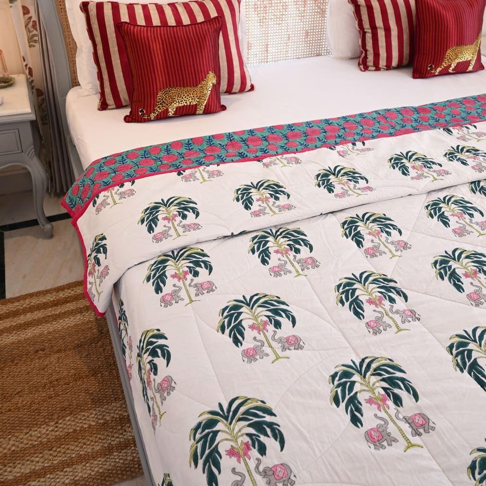 White Palm Tree Handblock Printed Cotton Quilted Bedcover