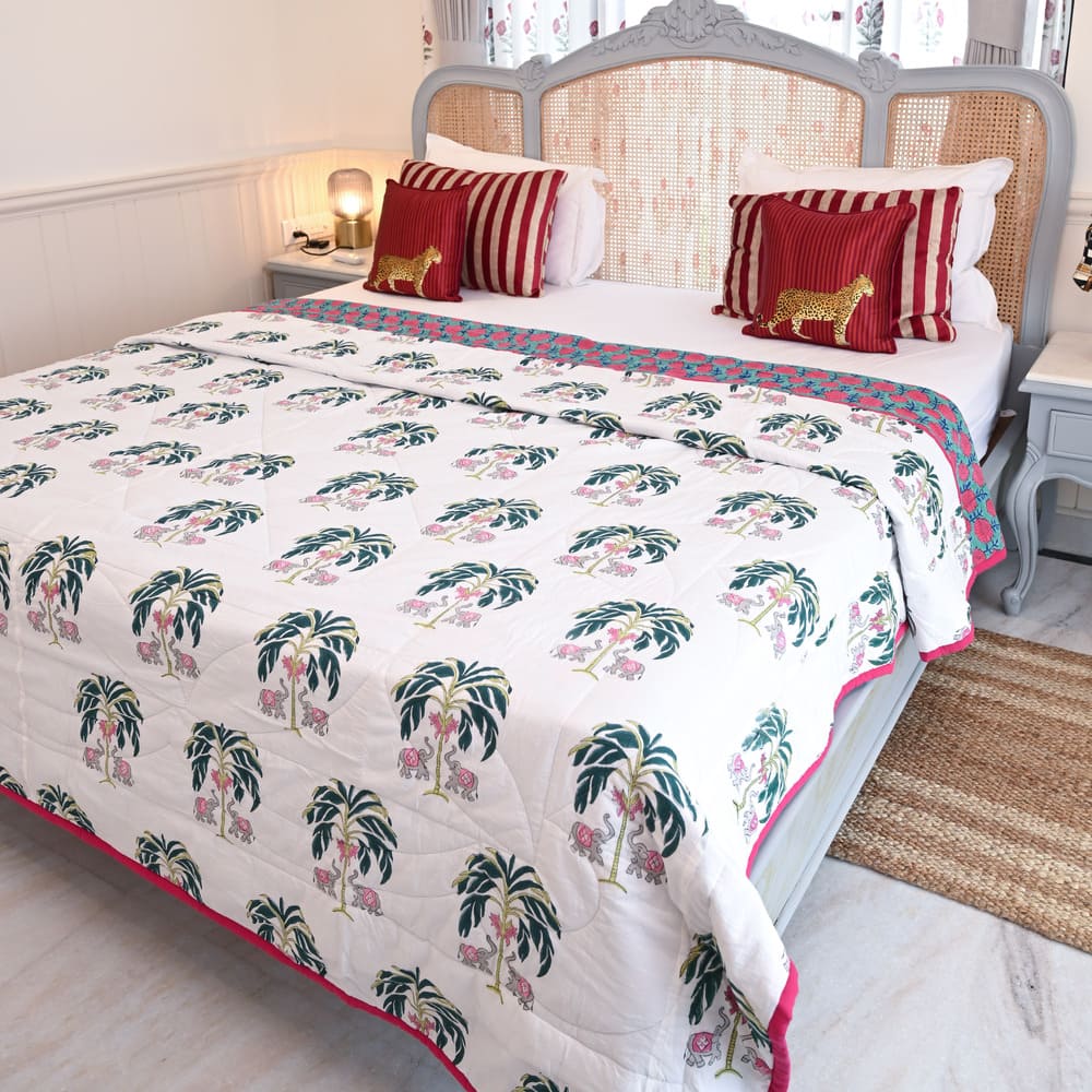 White Palm Tree Handblock Printed Cotton Quilted Bedcover