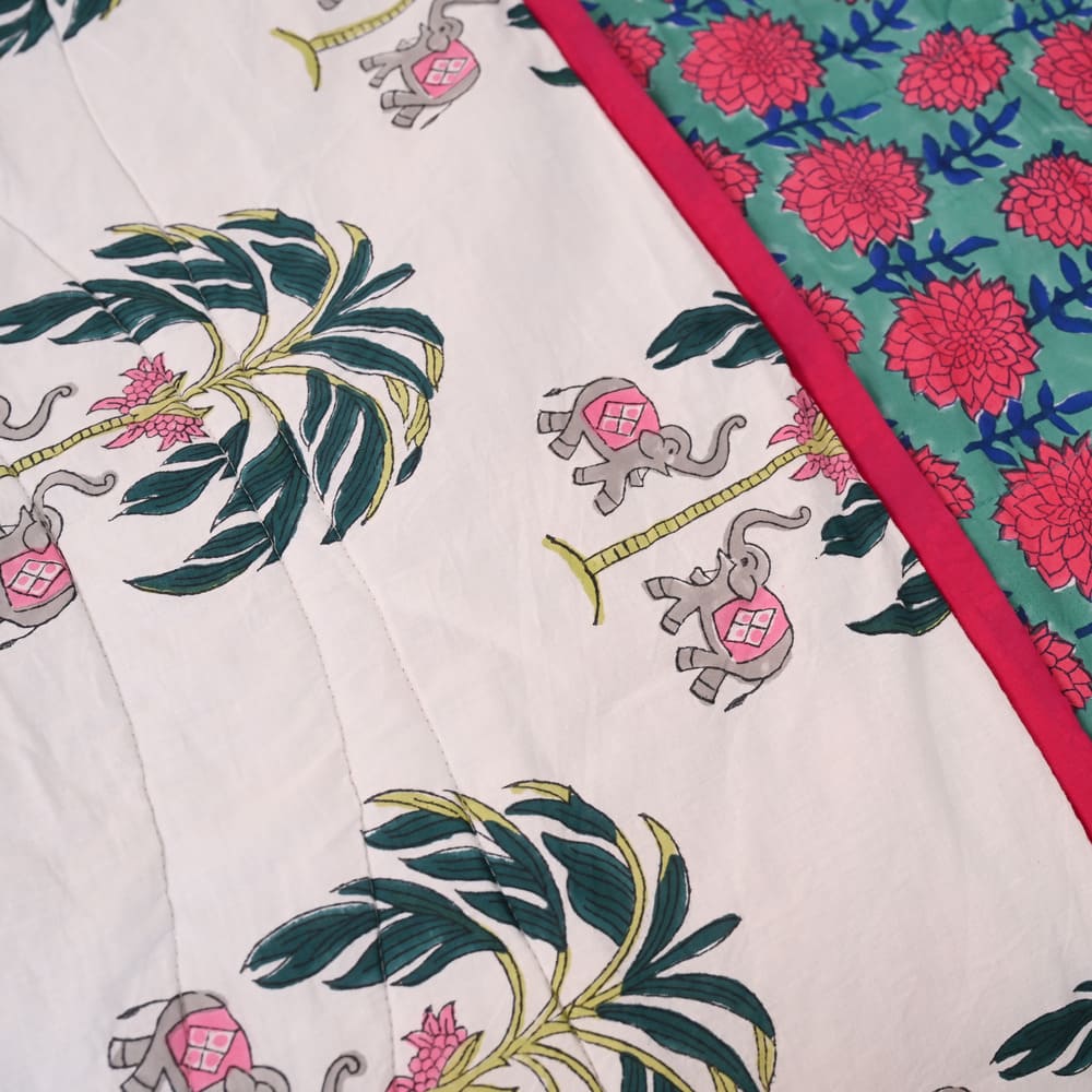 White Palm Tree Handblock Printed Cotton Quilted Bedcover