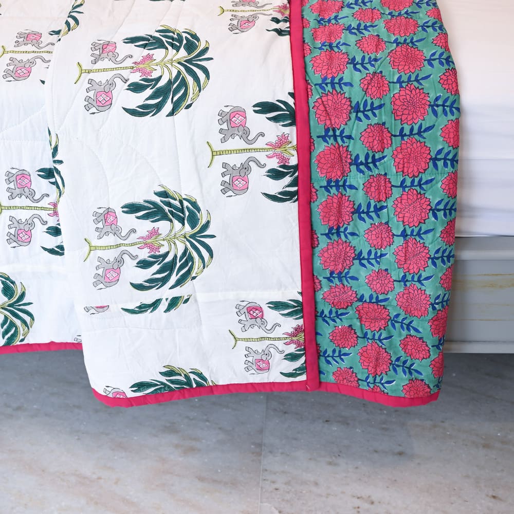 White Palm Tree Handblock Printed Cotton Quilted Bedcover