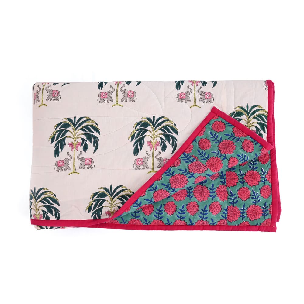 White Palm Tree Handblock Printed Cotton Quilted Bedcover