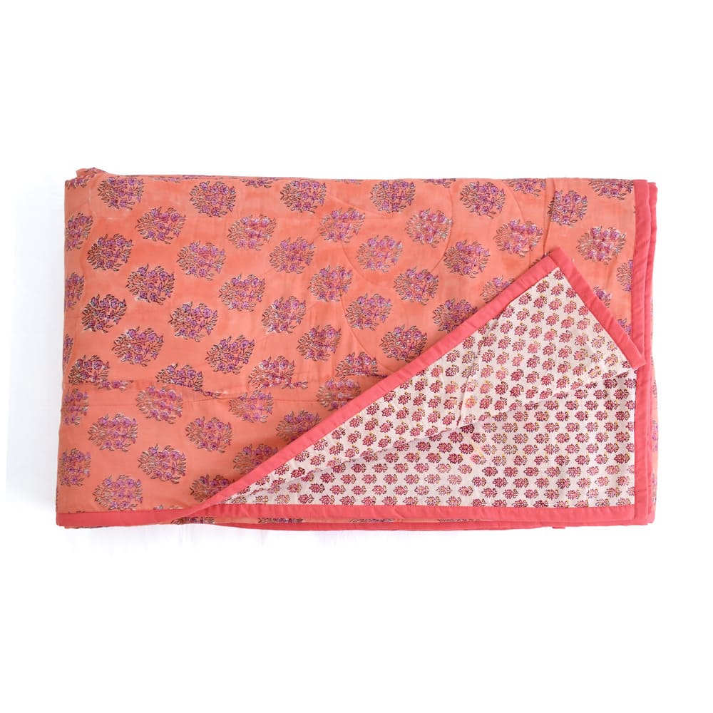 Peach Floral Design Handblock Printed Quilted Bedcover