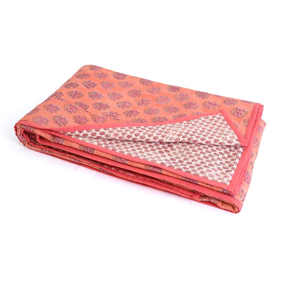 Peach Floral Design Handblock Printed Quilted Bedcover