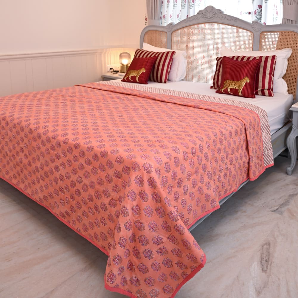 Peach Floral Design Handblock Printed Quilted Bedcover