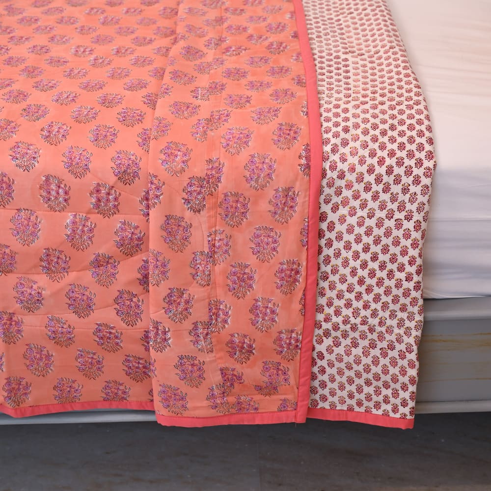 Peach Floral Design Handblock Printed Quilted Bedcover