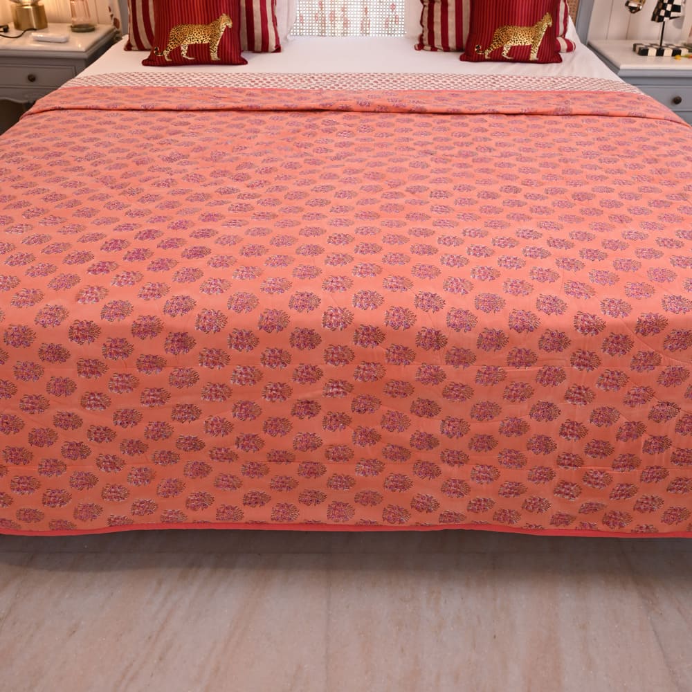Peach Floral Design Handblock Printed Quilted Bedcover