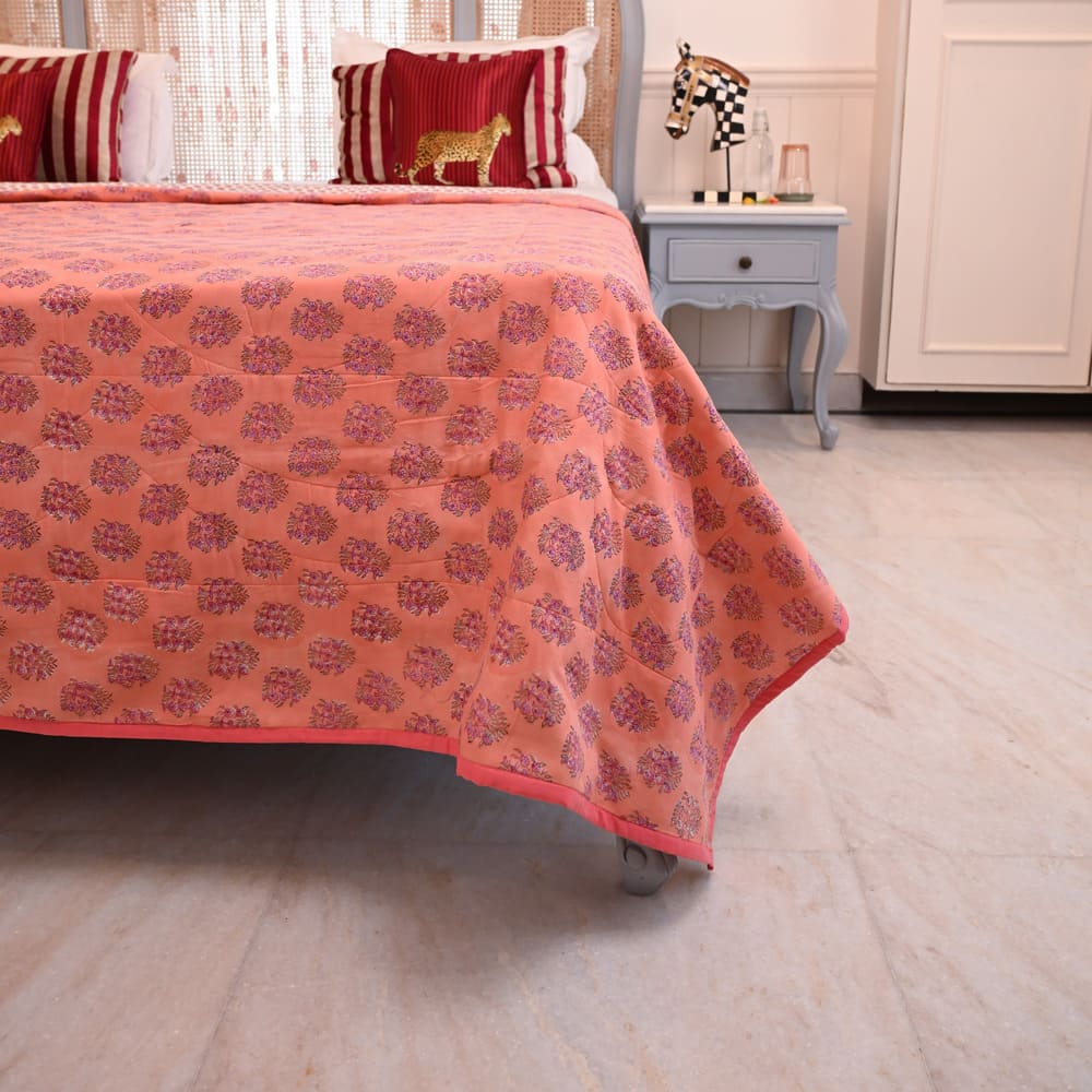 Peach Floral Design Handblock Printed Quilted Bedcover