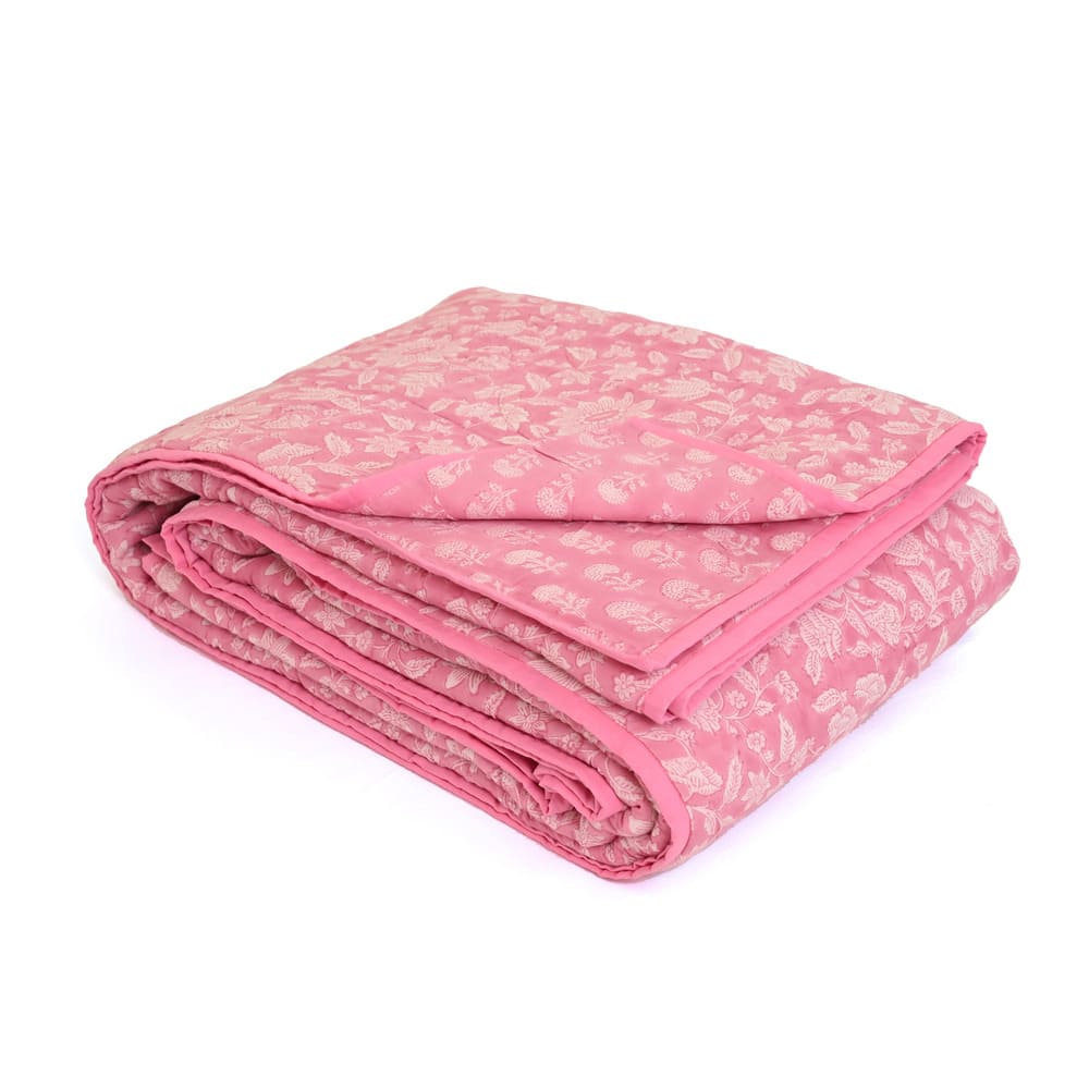 Pink Floral Handblock Printed Cotton Quilted Bedcover