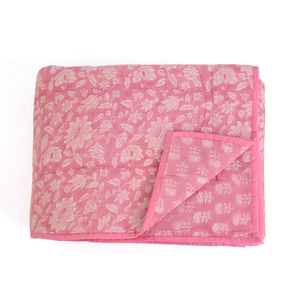 Pink Floral Handblock Printed Cotton Quilted Bedcover