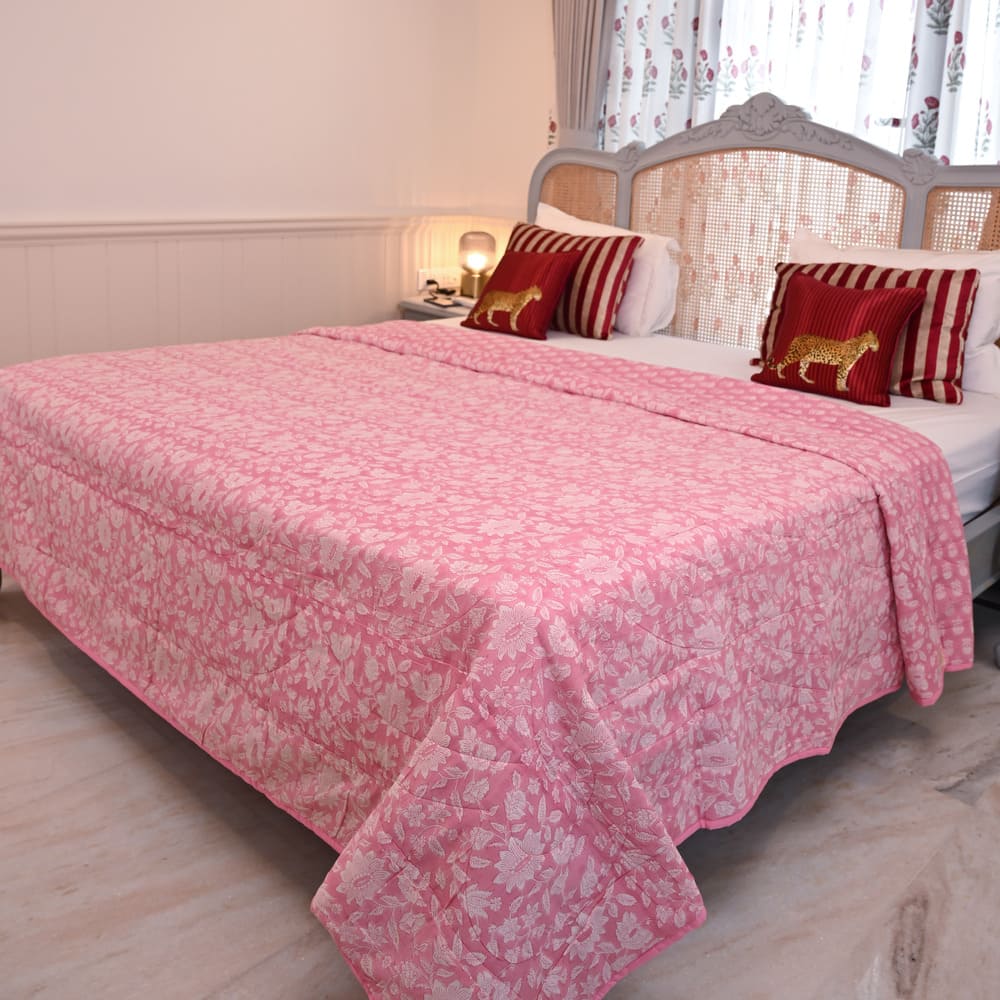 Pink Floral Handblock Printed Cotton Quilted Bedcover