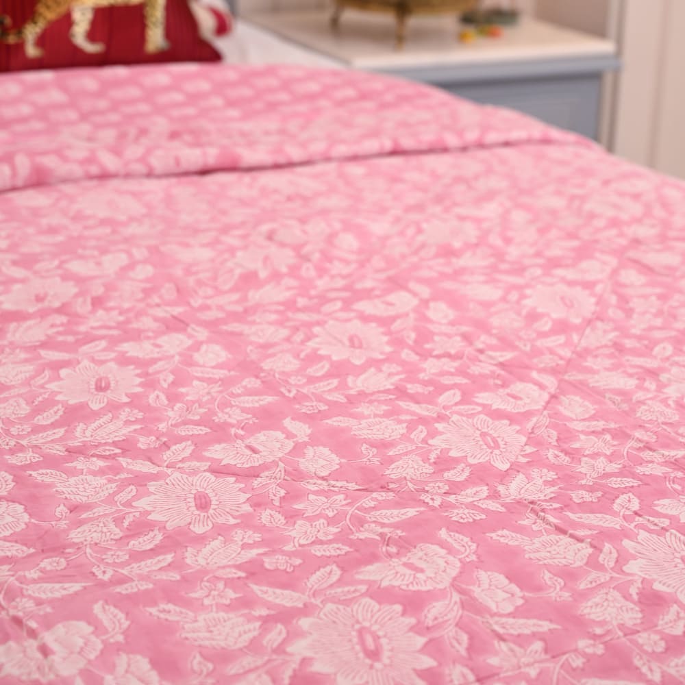 Pink Floral Handblock Printed Cotton Quilted Bedcover