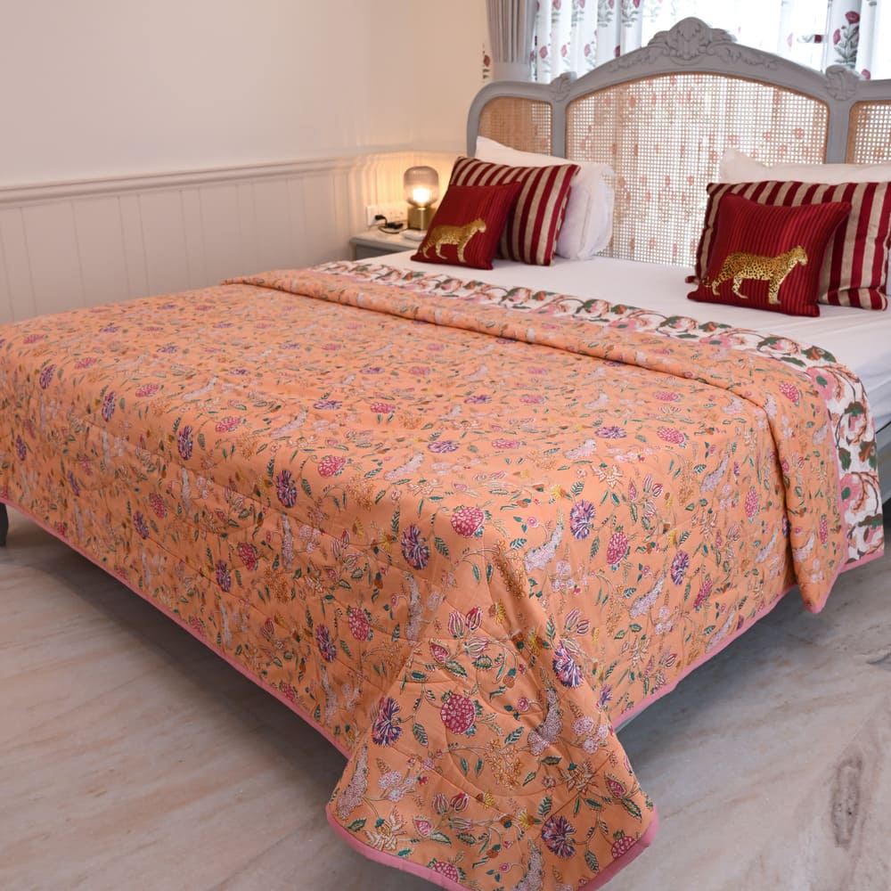 Peach Floral Handblock Printed Cotton Quilted Bedcover