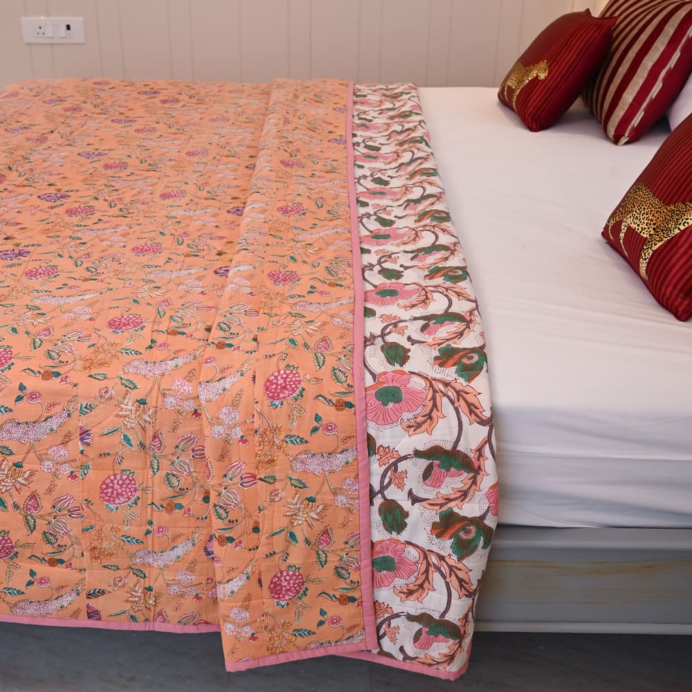Peach Floral Handblock Printed Cotton Quilted Bedcover