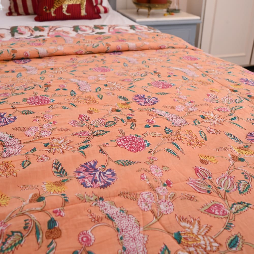 Peach Floral Handblock Printed Cotton Quilted Bedcover