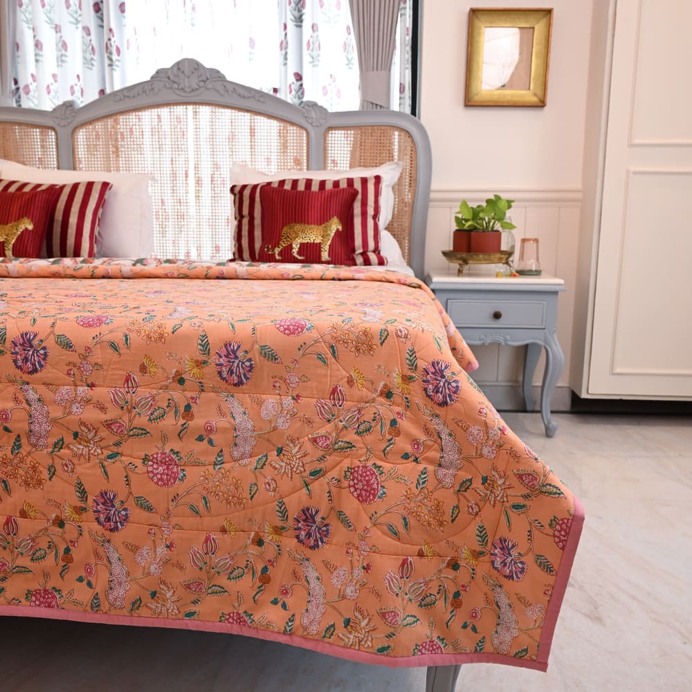 Peach Floral Handblock Printed Cotton Quilted Bedcover