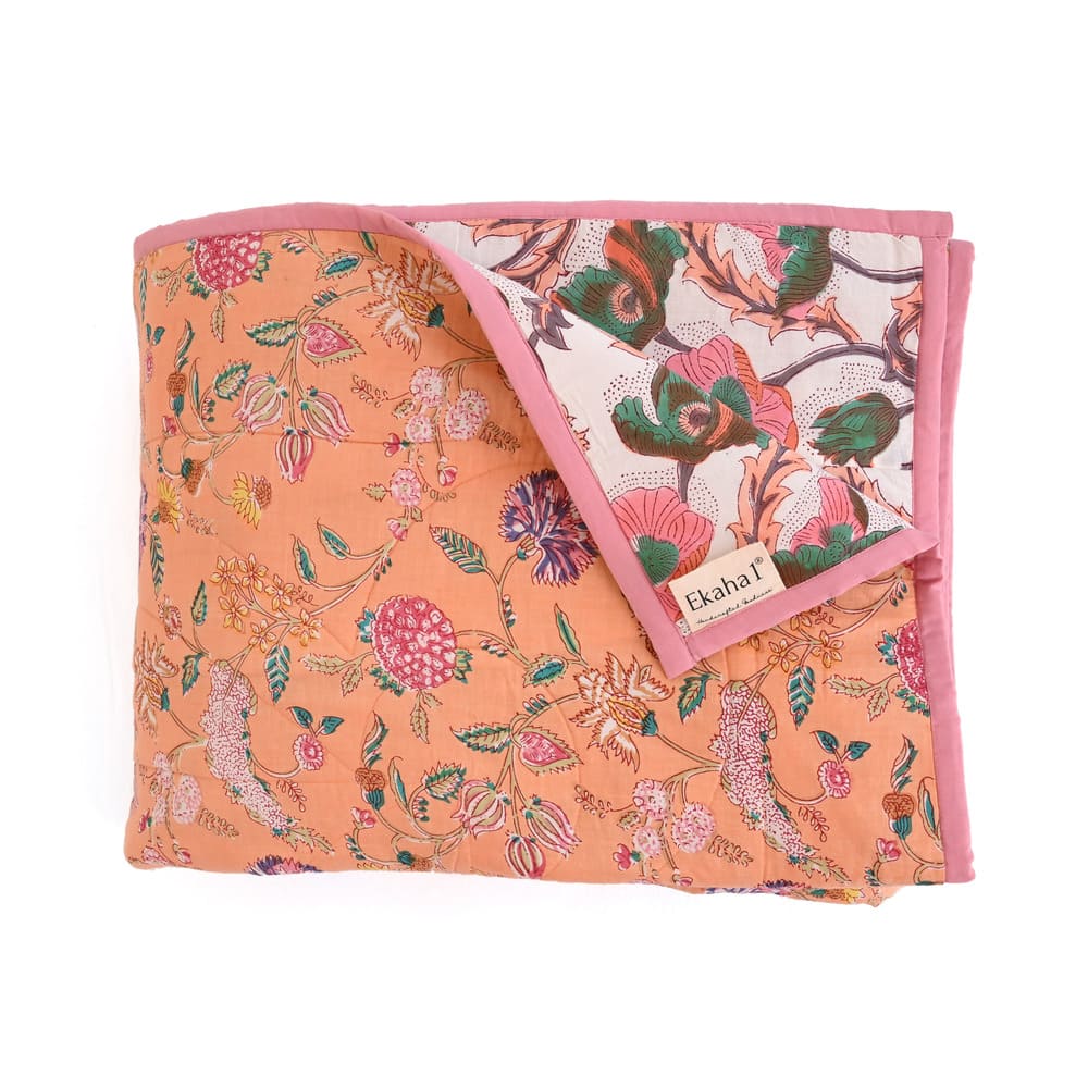 Peach Floral Handblock Printed Cotton Quilted Bedcover