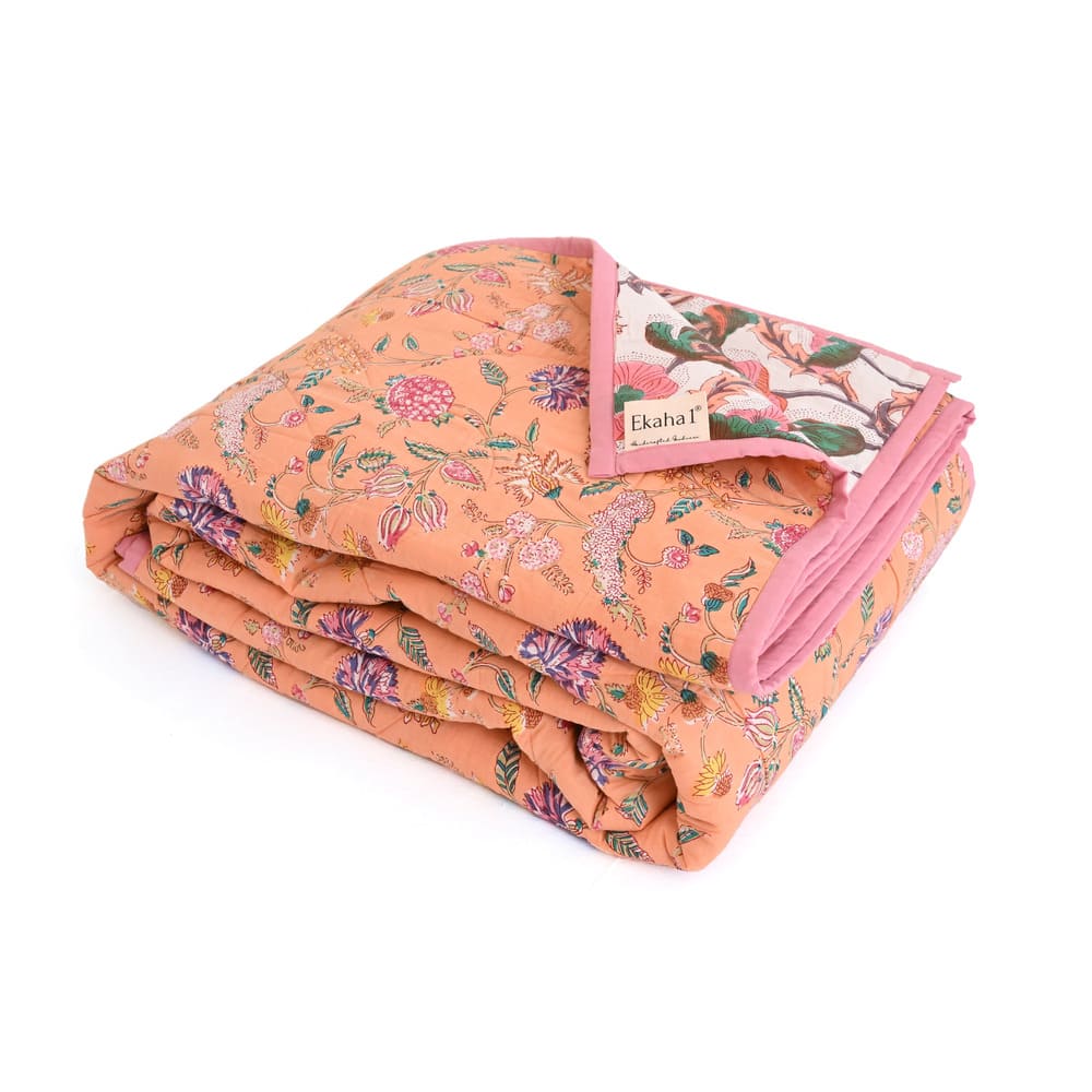 Peach Floral Handblock Printed Cotton Quilted Bedcover