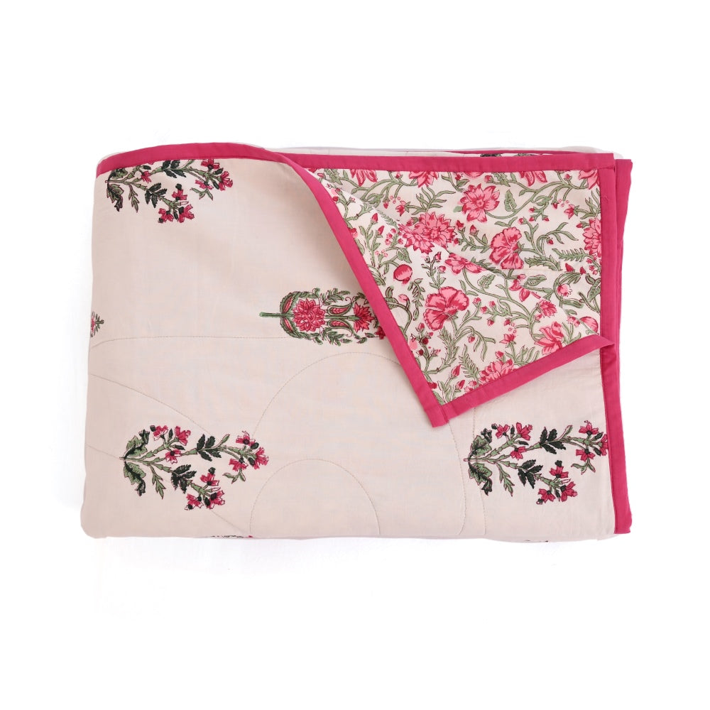 Palm Tree Handblock Printed Cotton Quilted Bedcover