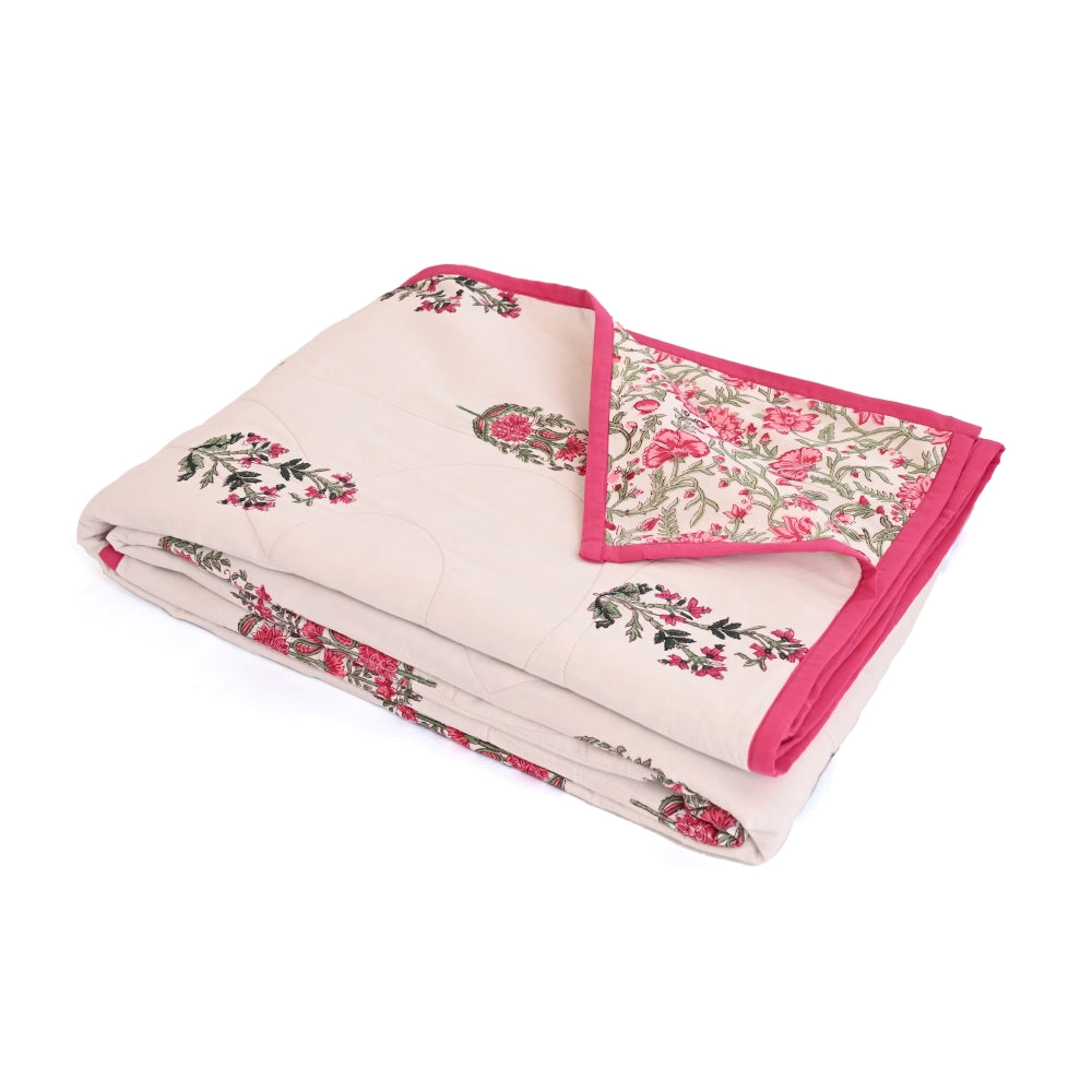 Palm Tree Handblock Printed Cotton Quilted Bedcover