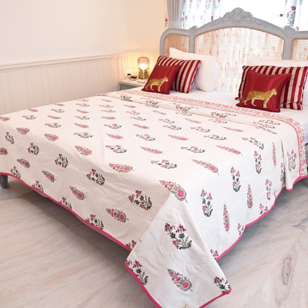 Palm Tree Handblock Printed Cotton Quilted Bedcover