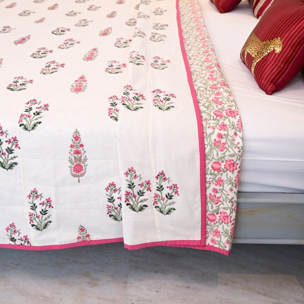 Palm Tree Handblock Printed Cotton Quilted Bedcover