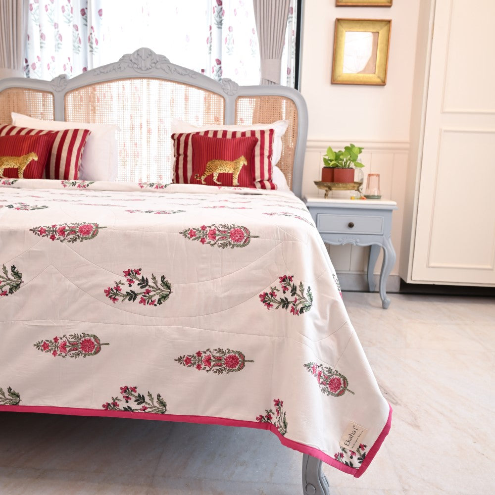 Palm Tree Handblock Printed Cotton Quilted Bedcover