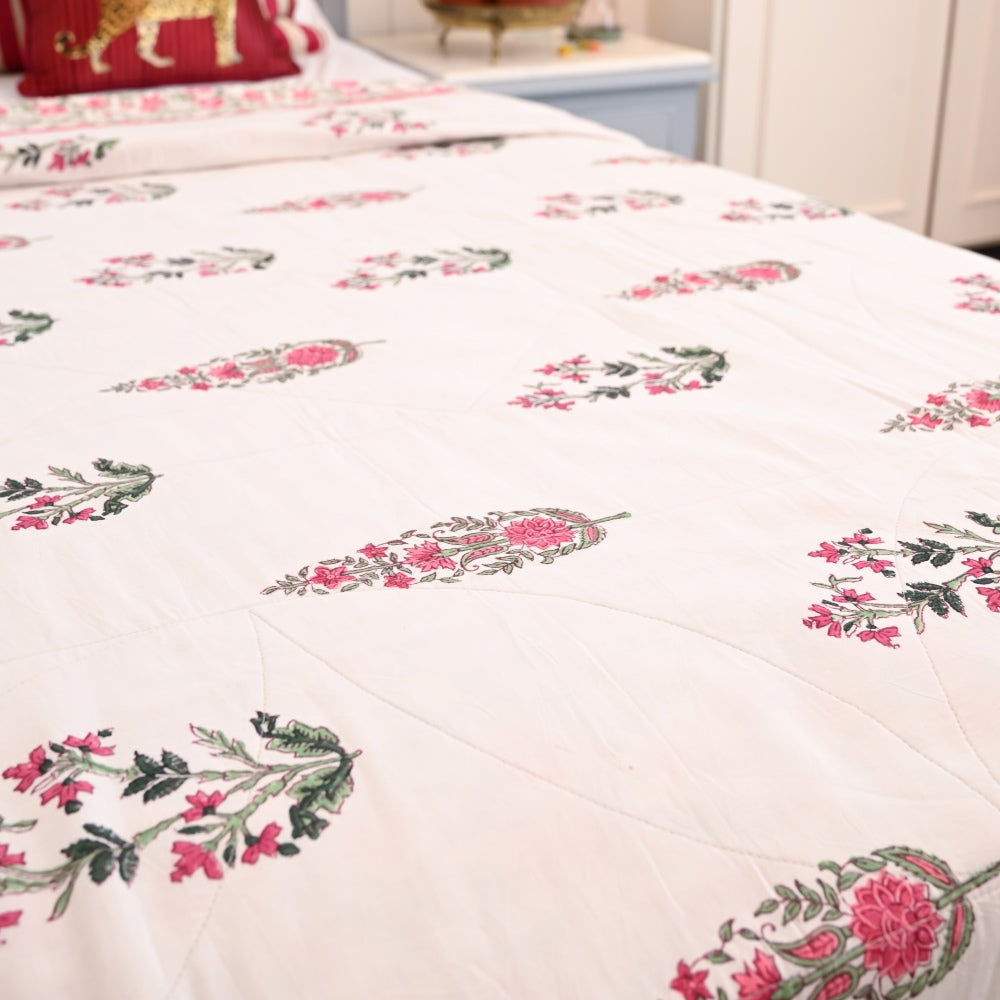 Palm Tree Handblock Printed Cotton Quilted Bedcover