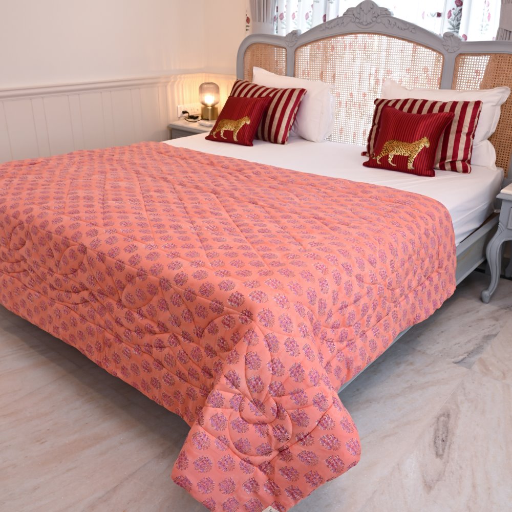 Peach Floral Handblock Printed Quilt