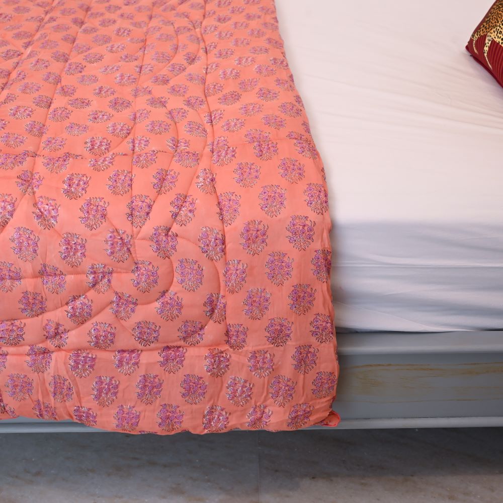 Peach Floral Handblock Printed Quilt