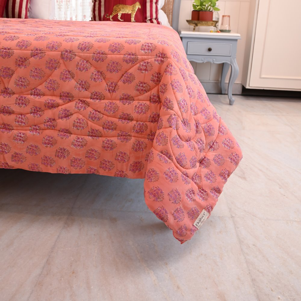 Peach Floral Handblock Printed Quilt