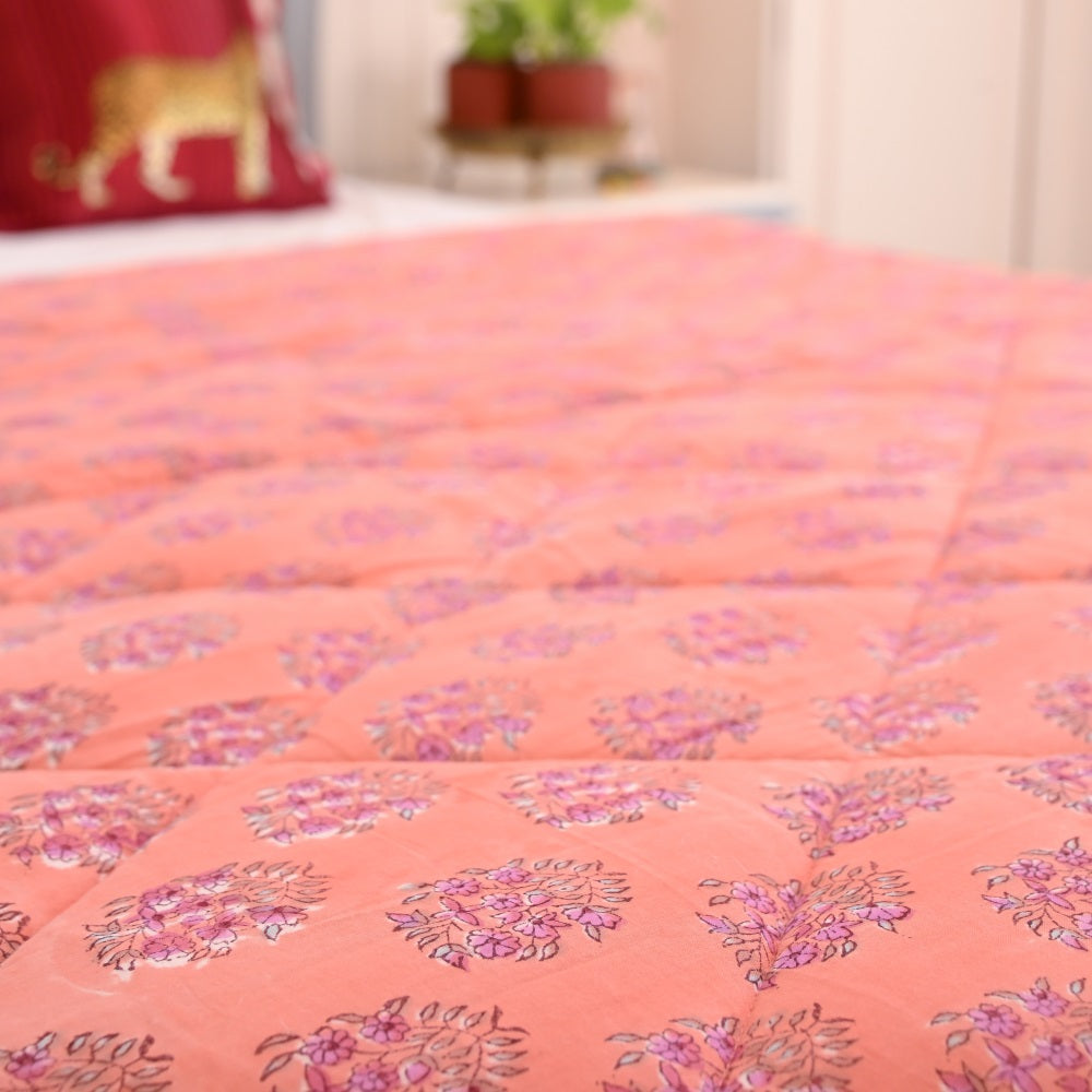 Peach Floral Handblock Printed Quilt