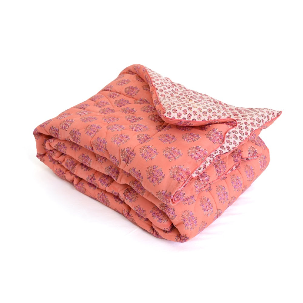 Peach Floral Handblock Printed Quilt