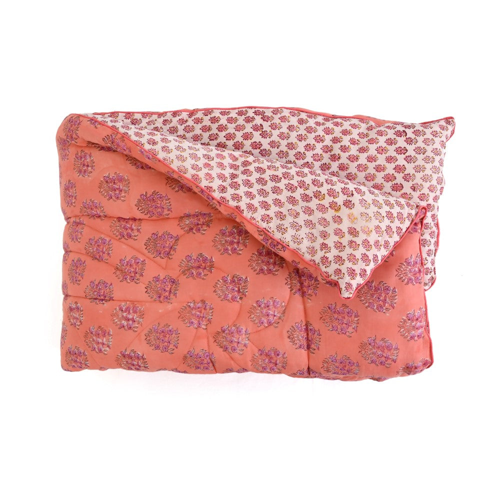 Peach Floral Handblock Printed Quilt