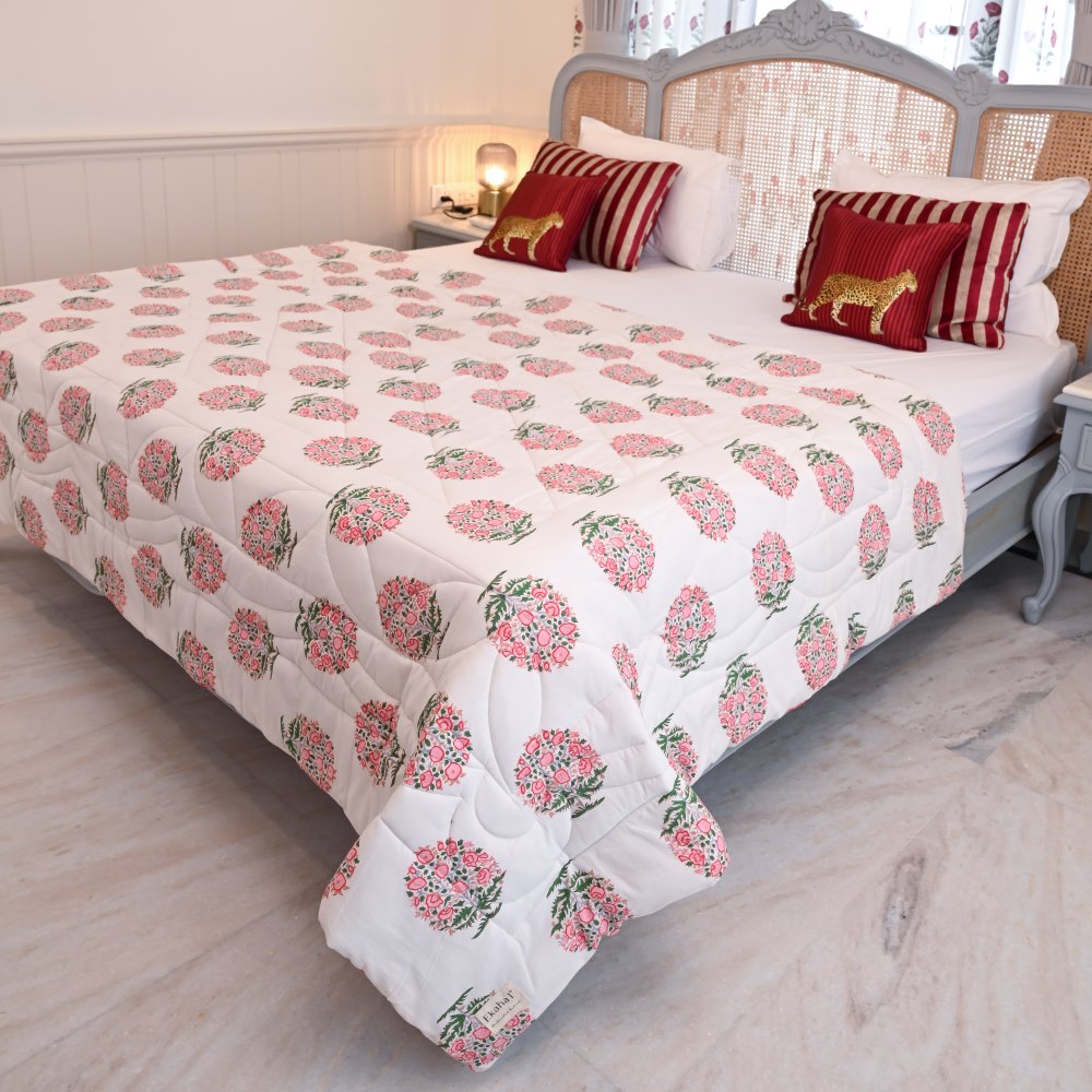 Peach Boota Handblock Printed Quilt