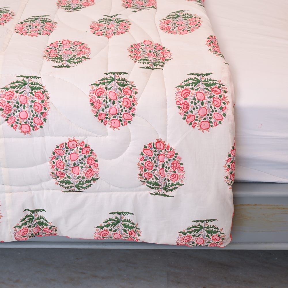 Peach Boota Handblock Printed Quilt