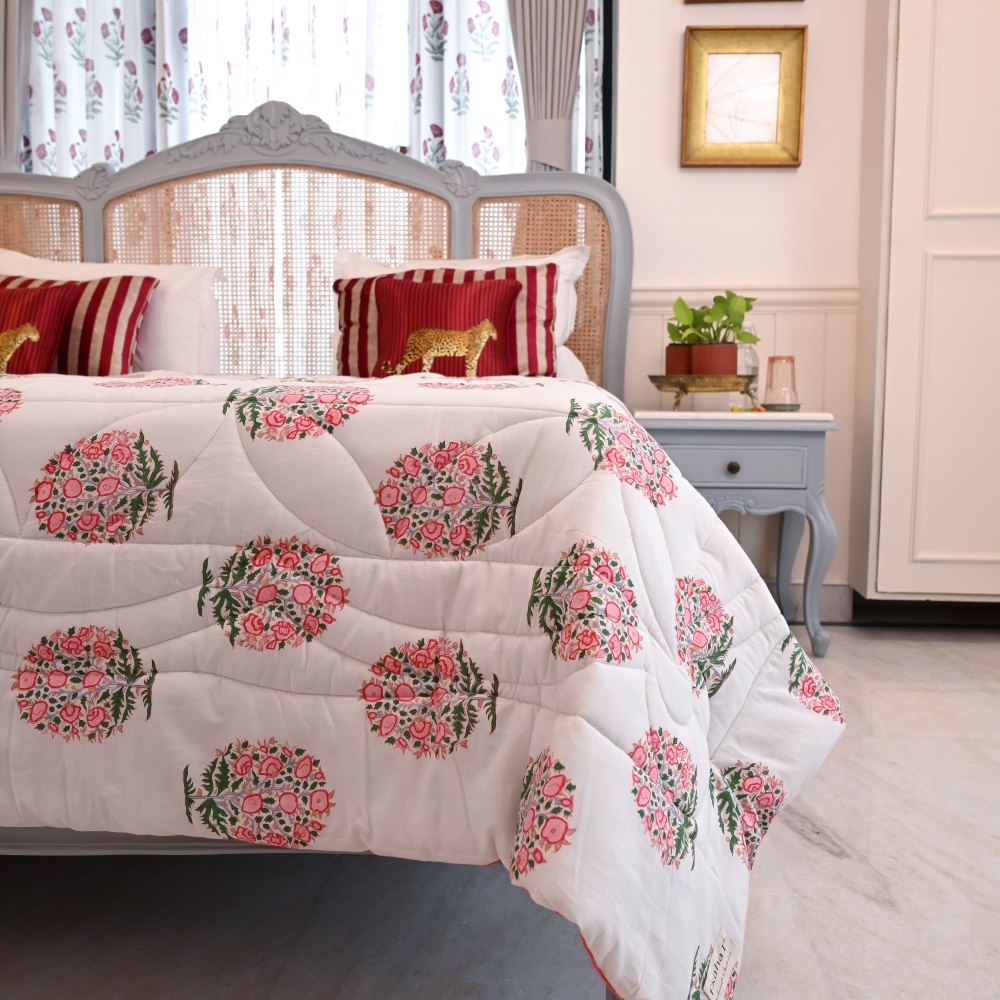 Peach Boota Handblock Printed Quilt