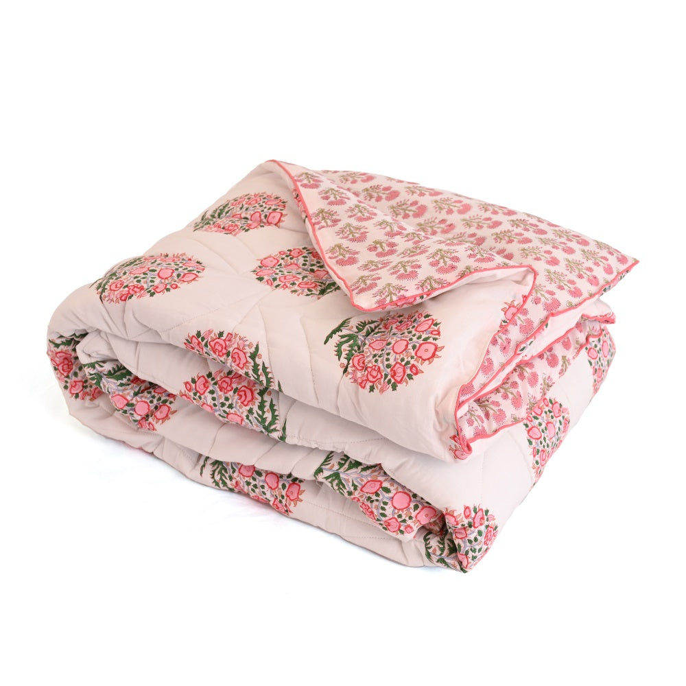 Peach Boota Handblock Printed Quilt