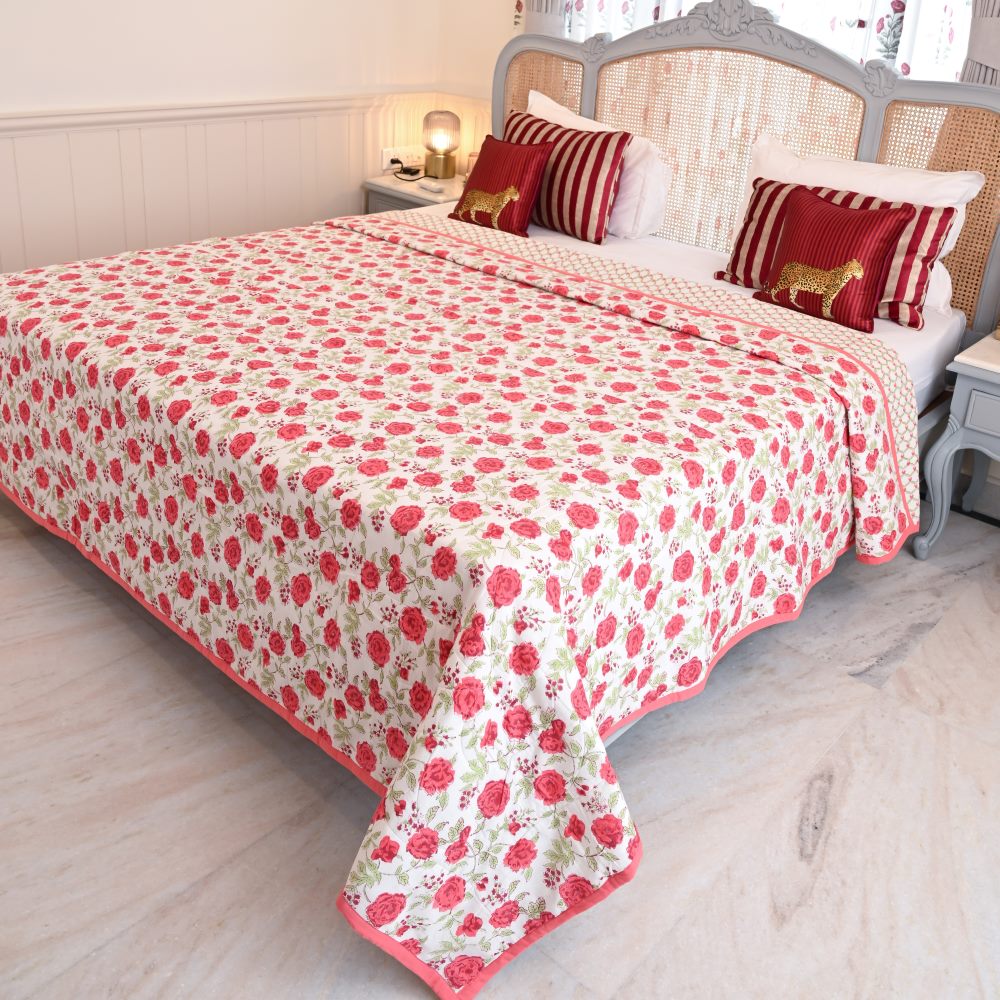 Peach Green Floral Handblock Printed Cotton Quilted Bedcover