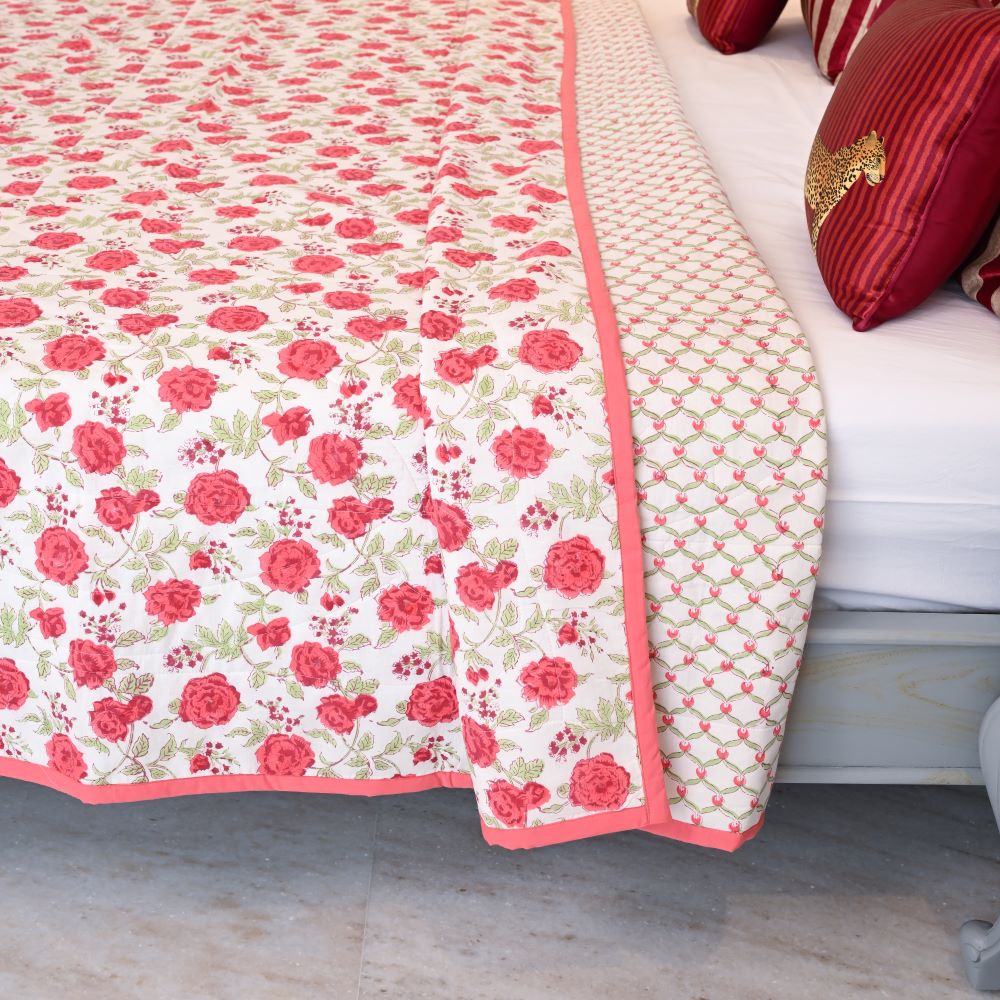 Peach Green Floral Handblock Printed Cotton Quilted Bedcover