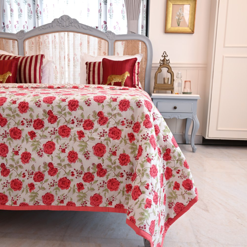 Peach Green Floral Handblock Printed Cotton Quilted Bedcover