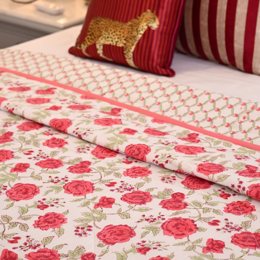Peach Green Floral Handblock Printed Cotton Quilted Bedcover