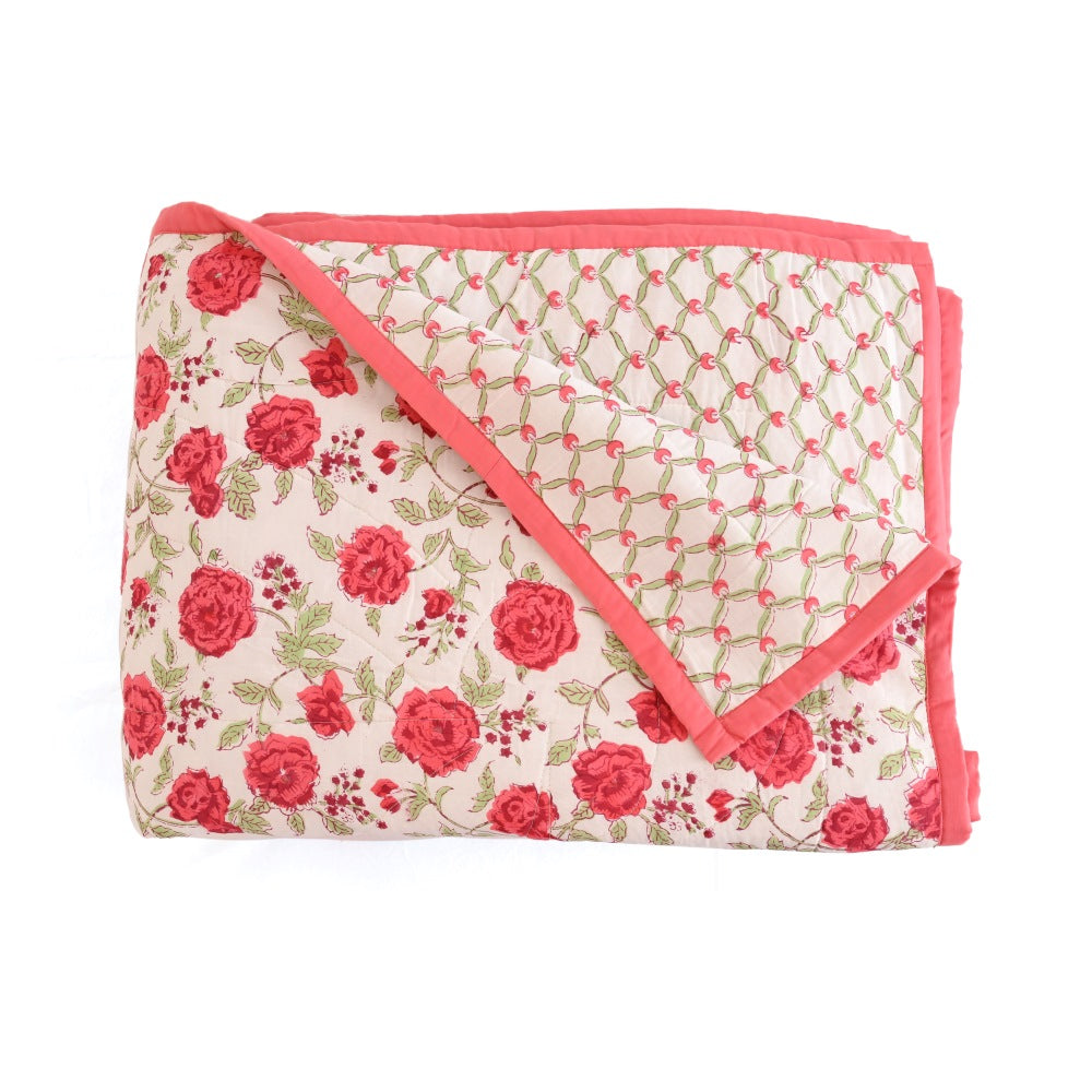 Peach Green Floral Handblock Printed Cotton Quilted Bedcover