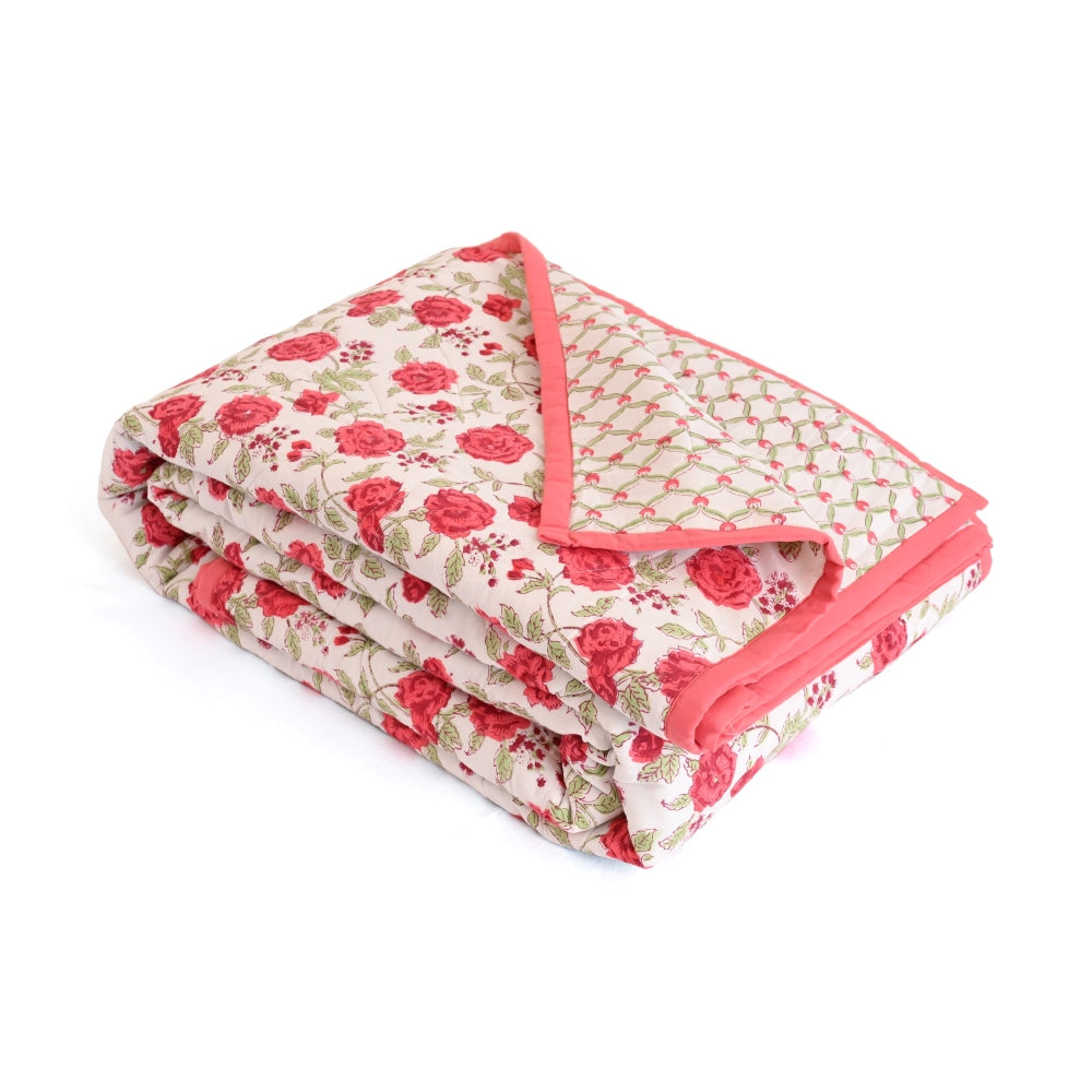 Peach Green Floral Handblock Printed Cotton Quilted Bedcover