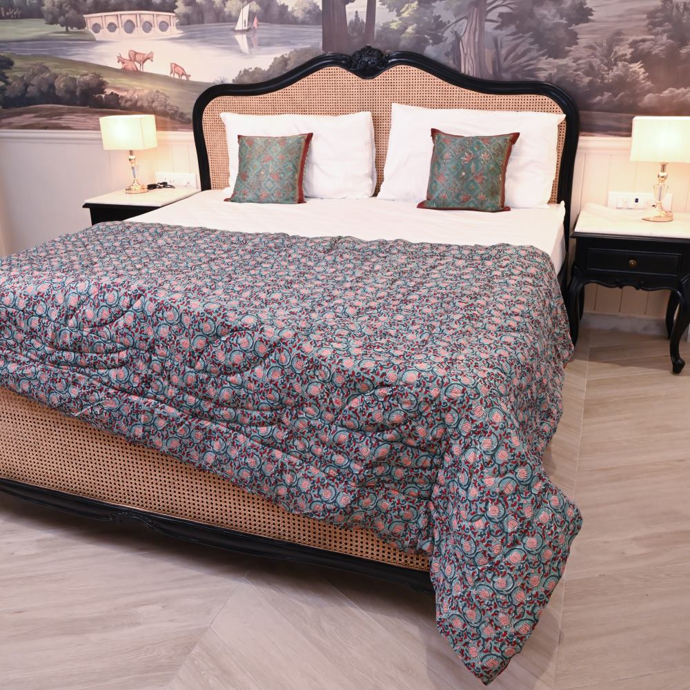 Green Floral Jaal Handblock Printed Quilt