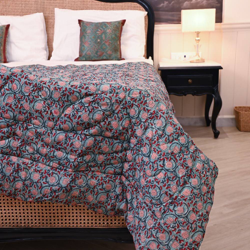 Green Floral Jaal Handblock Printed Quilt