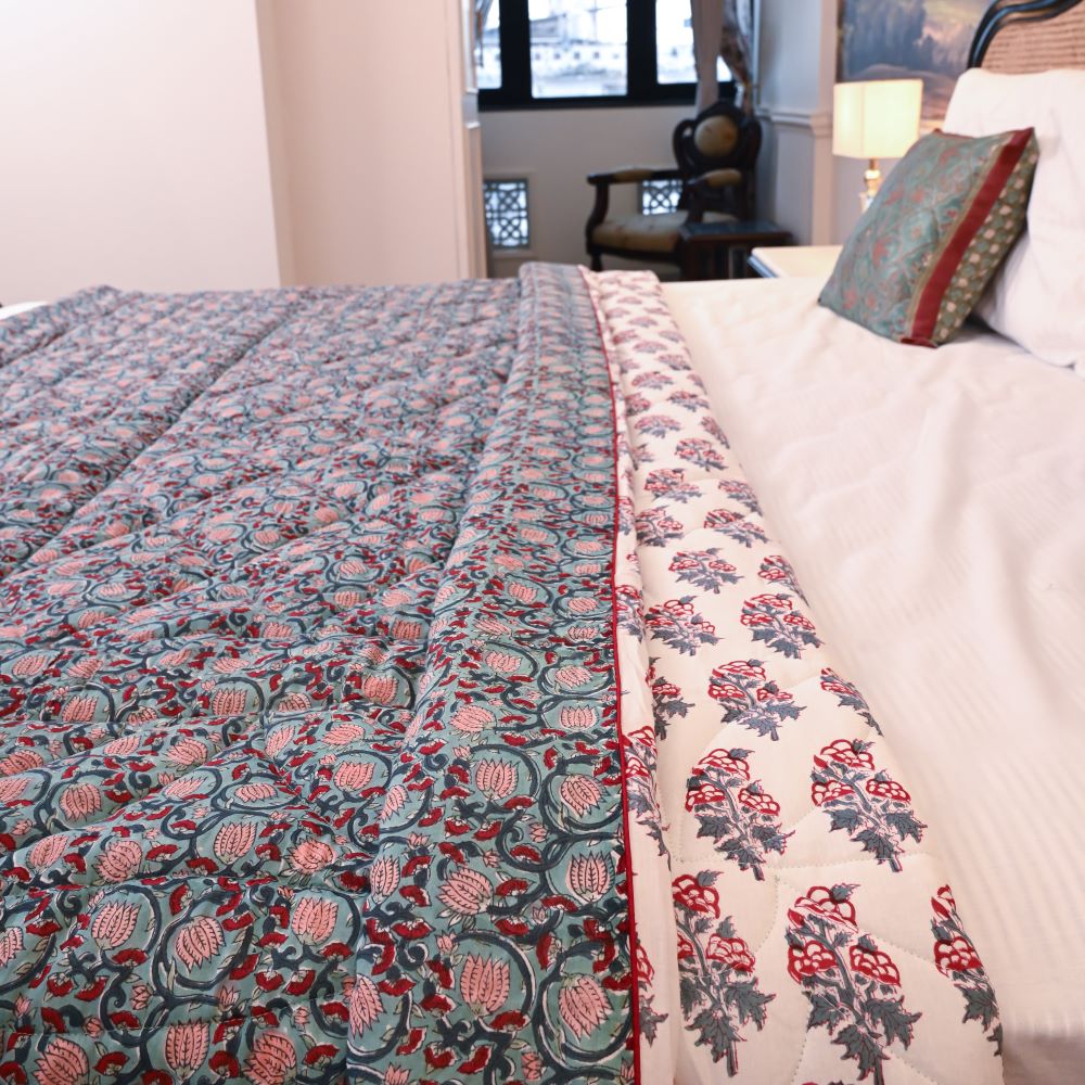 Green Floral Jaal Handblock Printed Quilt