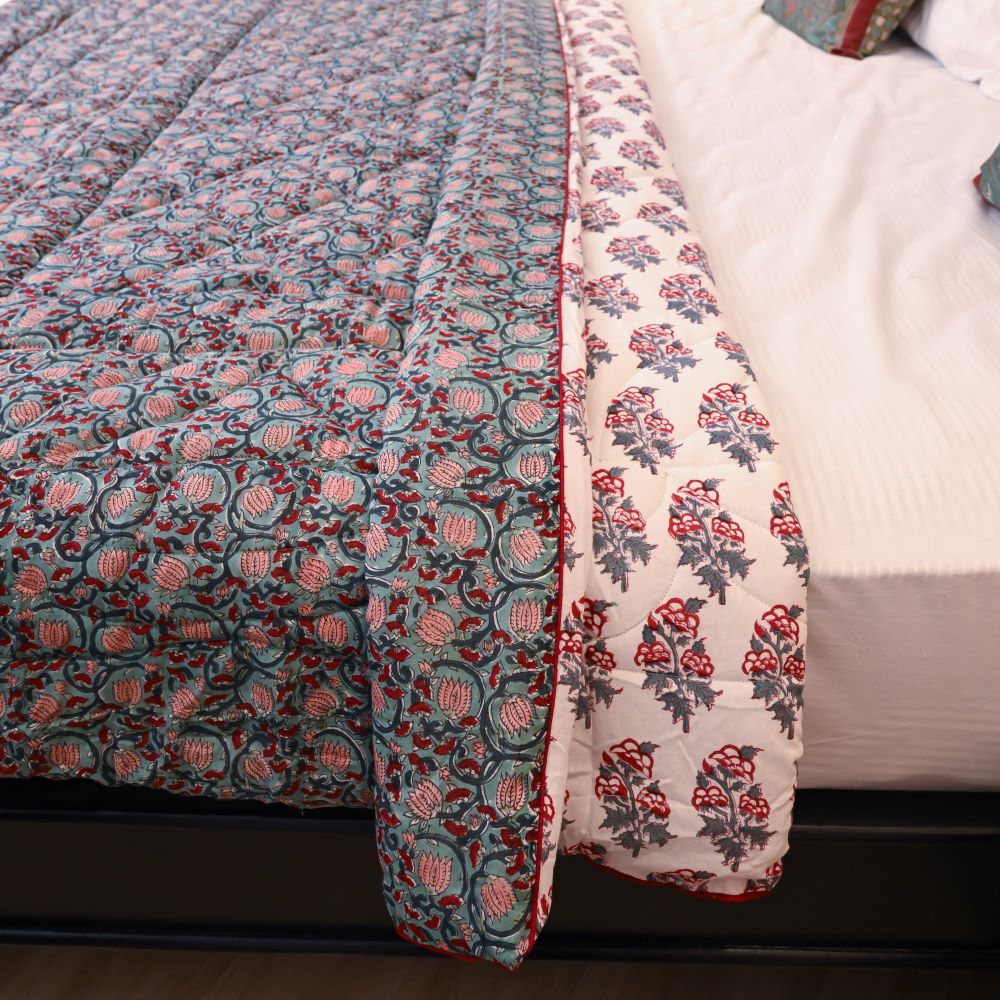 Green Floral Jaal Handblock Printed Quilt