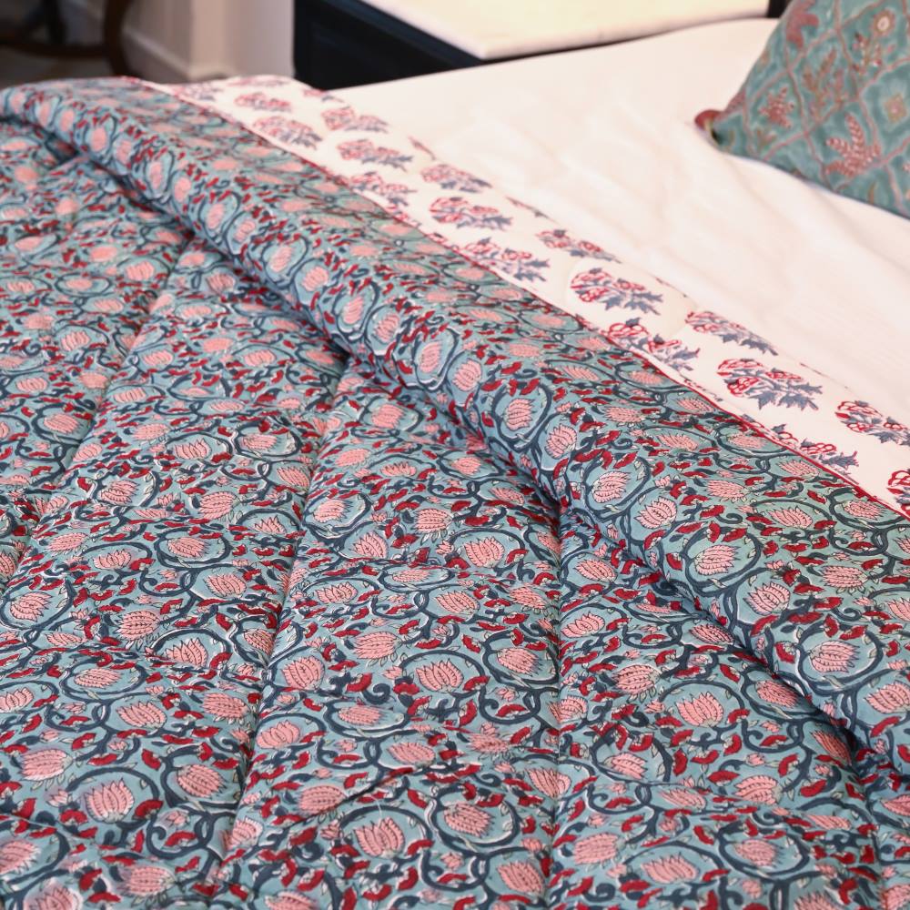 Green Floral Jaal Handblock Printed Quilt
