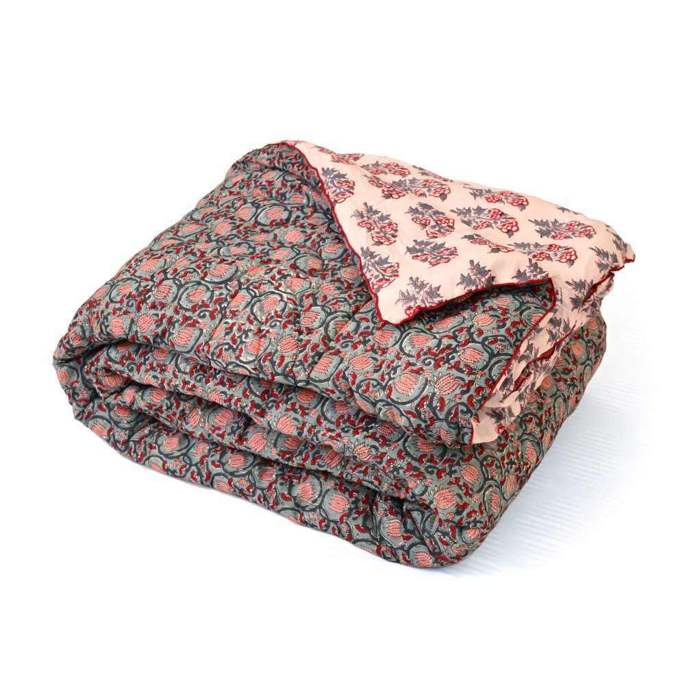 Green Floral Jaal Handblock Printed Quilt