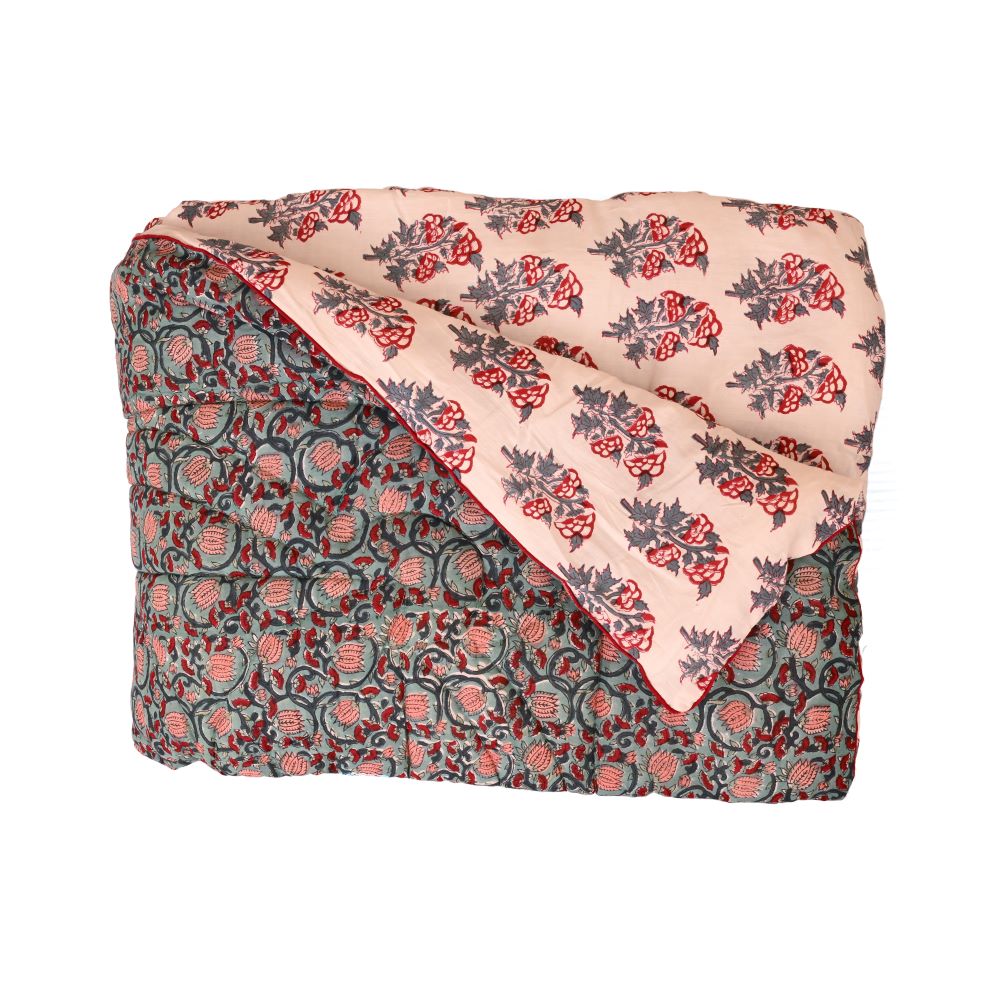 Green Floral Jaal Handblock Printed Quilt